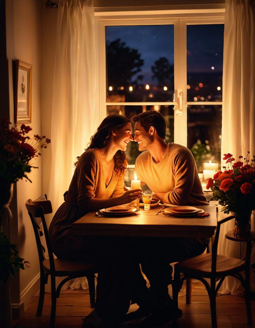 A warm, intimate scene of a couple in a cozy setting, laughing and sharing a loving glance over a candlelit dinner. Surround the scene with soft heart motifs and glowing light effects to emphasize passion and connection. Incorporate elements like heartfelt notes and a vibrant bouquet of flowers to symbolize romance. Enhance the overall ambiance with a sunset glow streaming through a window. super-realistic. vibrant colors. soft focus.