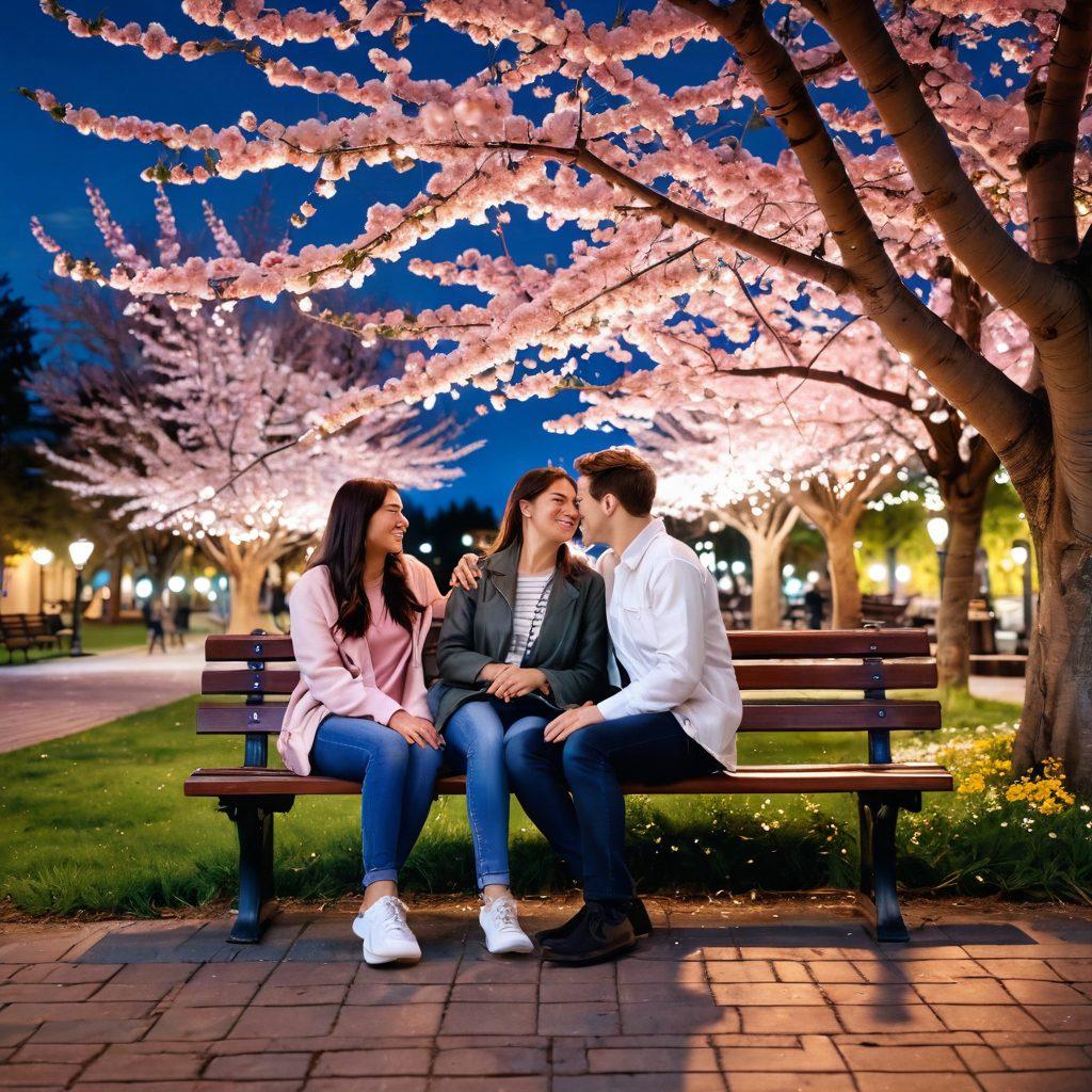 A romantic scene with a couple sitting on a park bench, sharing a laugh under a blooming cherry blossom tree. Surround them with symbols of love like intertwined hearts, delicate flowers, and soft glowing lights. The atmosphere is warm and inviting, reflecting deep companionship and connection. super-realistic. vibrant colors. warm lighting.
