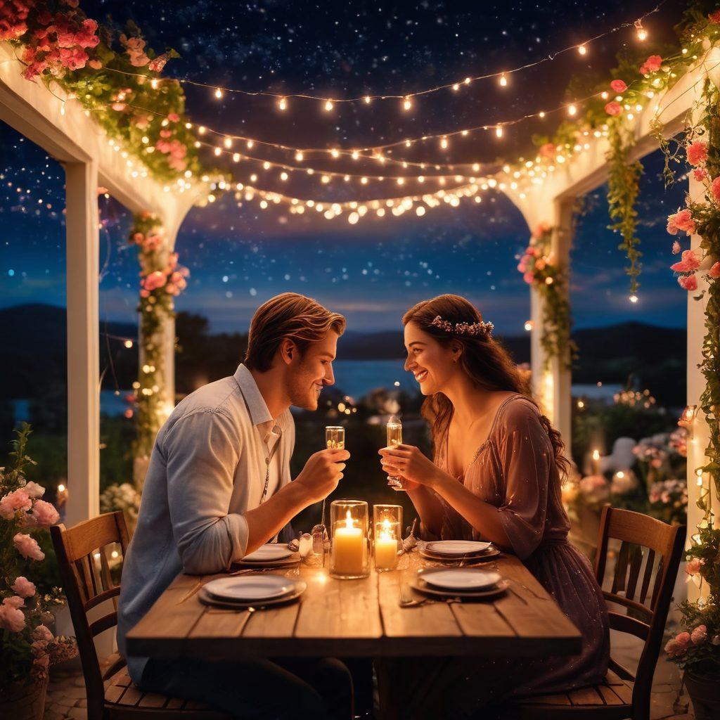 A romantic scene of a couple enjoying a candlelit dinner under a starry sky, surrounded by soft fairy lights and blooming flowers, symbolizing love and connection. Include elements like hand-holding, shared laughter, and a warm, inviting atmosphere. Emphasize vibrant colors and intimate details to evoke feelings of passion and affection. super-realistic. vibrant colors. soft lighting.